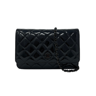 Chanel Black Quilted Patent Leather Classic Wallet On A Chain