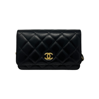 Chanel Black Quilted Lambskin Wallet On Chain Brushed Gold and Silver Hardware