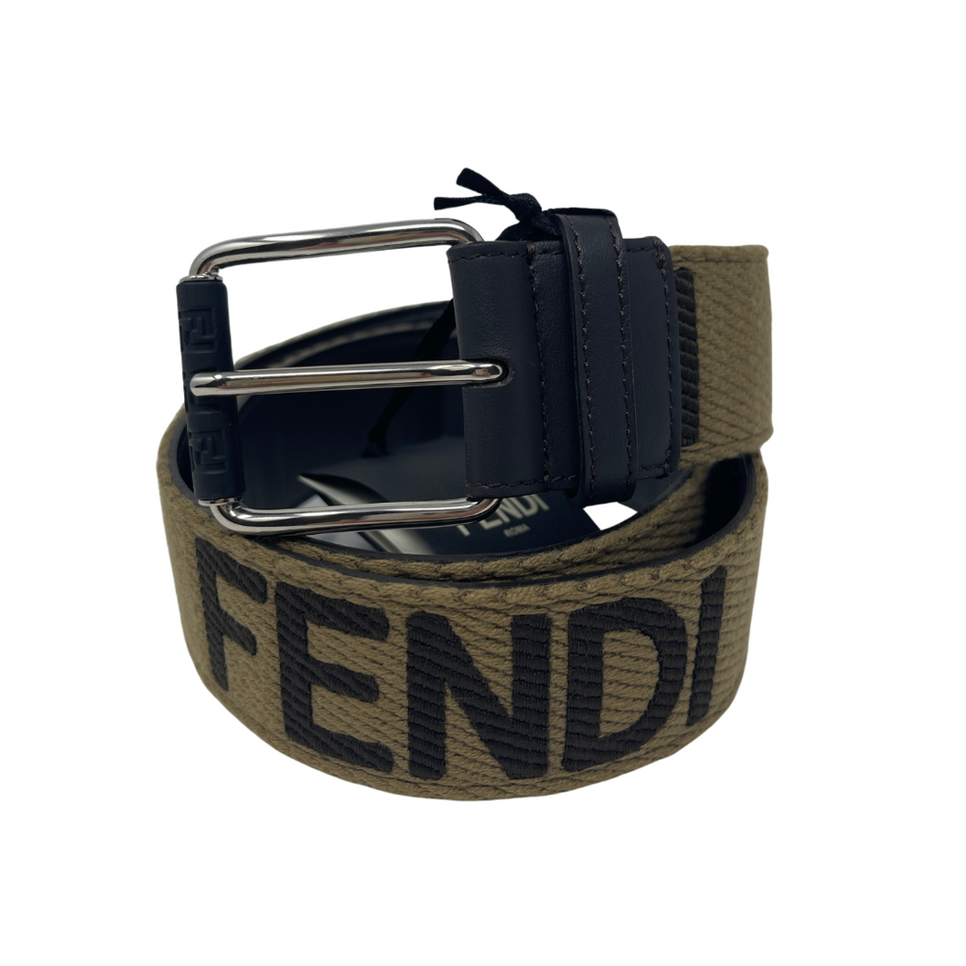 Fendi Brown Fabric Logo Silver Hardware Belt